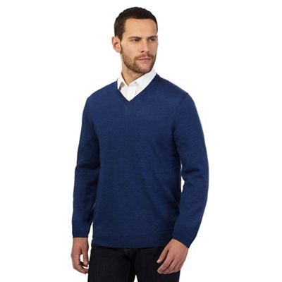 Designer mid blue merino wool V neck jumper